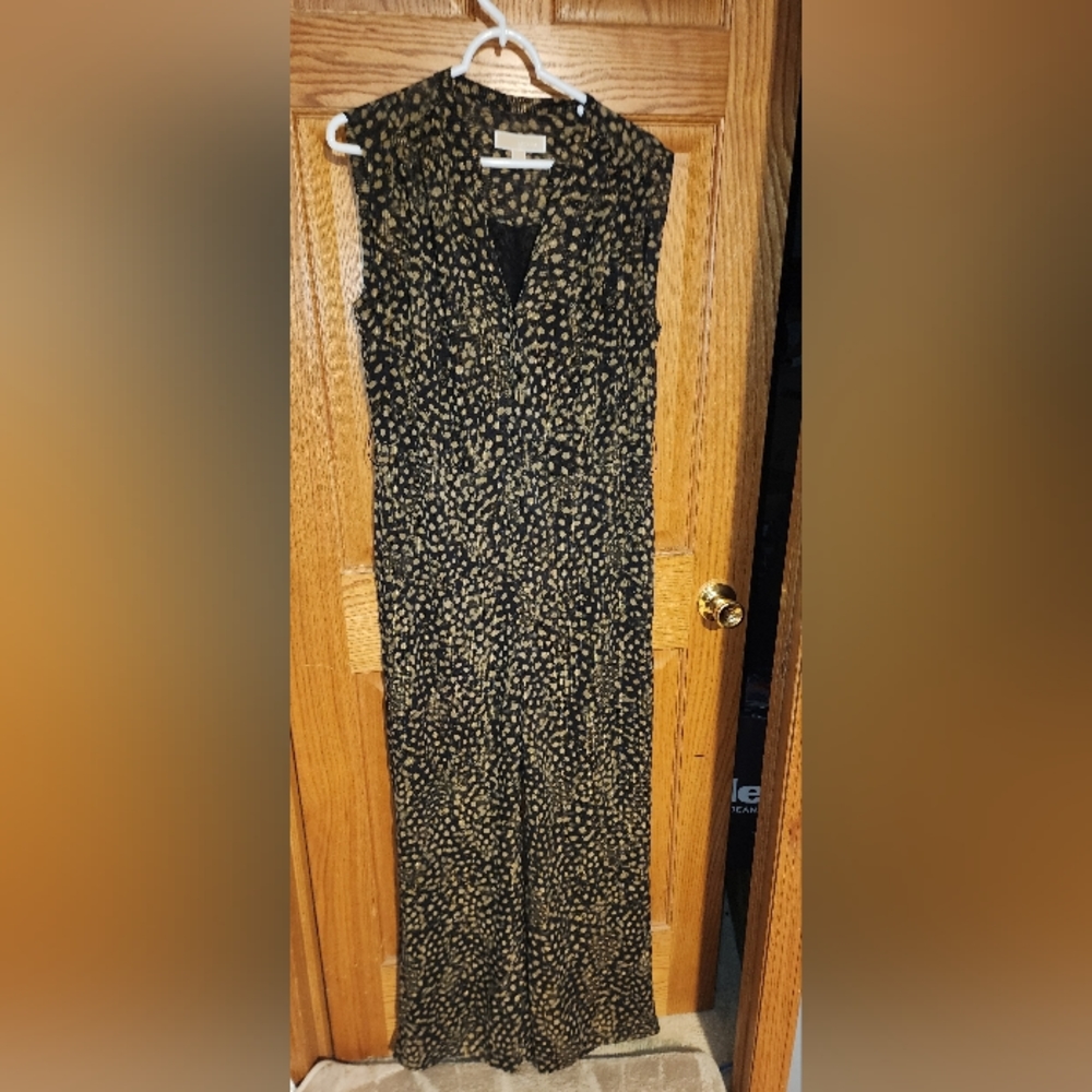 Michael Michael Kors Metallic Gold Leopard Chiffon Jumpsuit Medium Sheer Lined